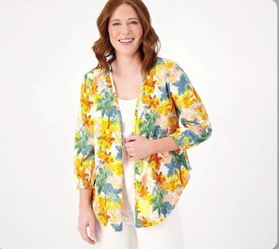 Cárdigan abierto Jersey Favorito Floral Denim & Co con Smocking Talla XXS A602899 Foto 1 de 3