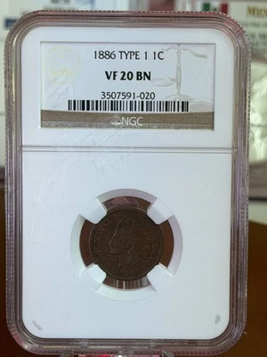 1886 Indian Head Cent Type 1 – NGC VF20 BN • Problem-Free, Nice Color - Image 1 of 3