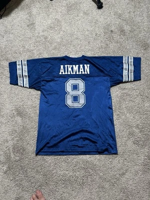 Vintage 90s Aikman 8 Dallas Cowboys blue and white football jersey YOUTH LARGE - Image 1 of 4