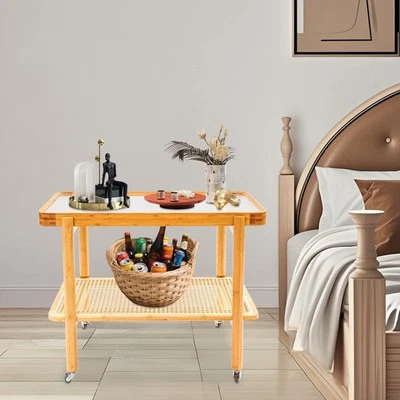 Tempered Glass, Resin, Bamboo Coffee Table with Wheels, 2 Shelves Sofa Table - Image 1 of 4