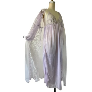 Vintage Pastel Lavender Bow Motif Lace Mesh and Nylon Long Peignoir Set Tag L - Picture 1 of 16