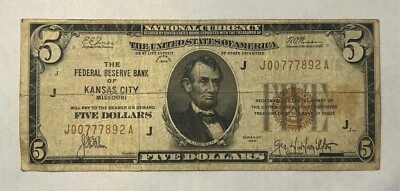 1929 $5 Federal Reserve Bank Note - Kansas City - J00777892A - Image 1 of 2