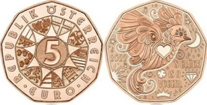 2022 Austria 5 Euro New Year Coin Series Happiness is a Bird Copper Coin  - Picture 1 of 1