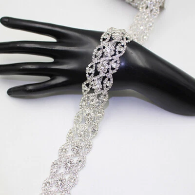 3cm Wide Rhinestone Trimming Crystal Beaded Ribbon Trim Diamante Flower Applique - Image 1 of 4
