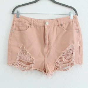Boohoo Boutique Soft Pink Distressed High Waist Shorts - Size US 10 - Picture 1 of 6