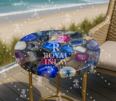 12”Multicolor Agate Stone Table – Handmade Round Gemstone Accent – Luxury Decor - Image 1 of 4