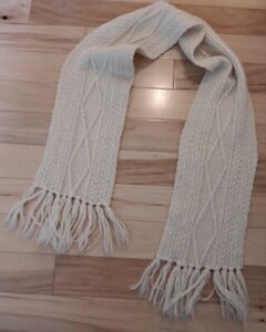 100% Pure New Wool Scarf Unisex Scotland Solid Ivory Knit Diamond Cable Pattern