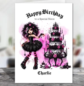 Personalised Pink & Black Gothic Girl and Cake Birthday Card - Choose Size - Picture 1 of 3