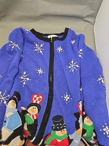 VINTAGE The Quacker Factory Winter Snow Penguin Button Zip Up Cardigan 1X - Picture 1 of 4