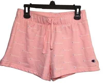 Shorts com cordão Champion French Terry rosa estampa de logotipo feminino tamanho médio - Imagem 1 de 4