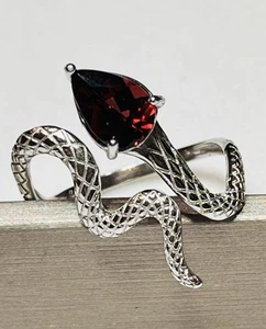 Bigger 925 Sterling Silver Natural Red Garnet Snake Ring - Picture 1 of 13