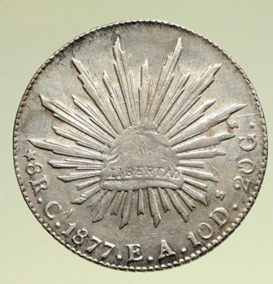 1877 Ca EA MEXICO Large Eagle Sun Antique Mexican Silver 8 Reales Coin i95166 - Image 1 of 3