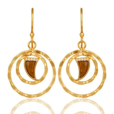 Pendientes circulares redondos martillados dobles con ojo de tigre y piedras preciosas de circón blanco Foto 1 de 4