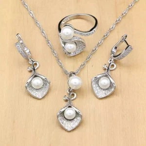 925 Silver White Pearl Zircon Women Necklace Earrings Ring Set - Picture 1 of 2
