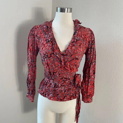 Maje Womens Small Red Gray Leopard Print Wrap Top With Ruffle Details - Image 1 of 4