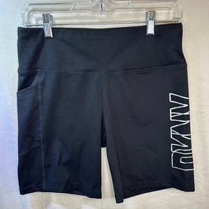 DKNY Sport Black Sliver Logo High Waist Bike Athletic Shorts Size L - Picture 1 of 10