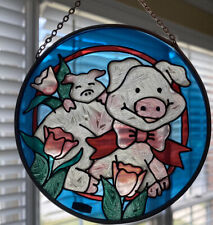 Vintage Pig suncatcher Stained Glass Piggy roses 1990 Joan Baker design