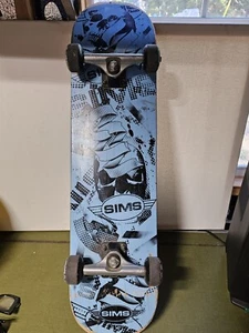 Vintage Sims Skateboard, Light Blue Skulls And Ribbon - Picture 1 of 7
