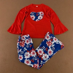 Girls Size 6 Red Blue Floral 2 Piece Long Bell Sleeve Flare Leg Pant Set New - Picture 1 of 10