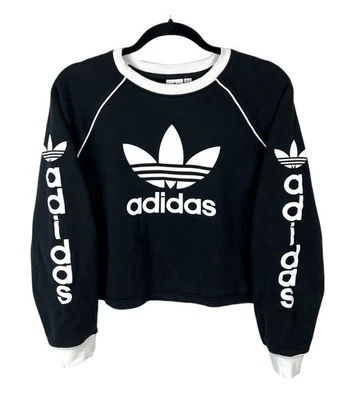 adidas Originals Women's XL Linear Logo Cropped Crew Neck Sweatshirt Black/White - Image 1 of 4