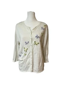 Cardigan Hand Embroidered Butterly White Pastels Floral Buttons Sz Large Granny - Picture 1 of 17