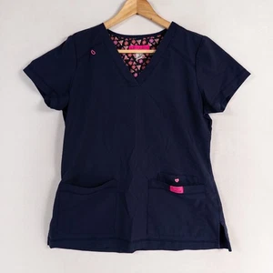 Betsey Johnson Scrub Top Womens Sz Small Navy Blue V Neck Pockets Medical - Picture 1 of 8