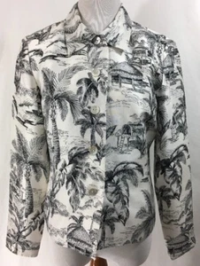 Maggy L 100% Silk Island Motif Button Up Long Sleeve Blazer SZ 4 Off White Black - Picture 1 of 9
