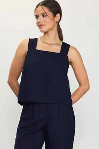 Skies Are Blue Linen Blend Square Neck Tank Top Women's XS Navy Crisscross Back - Picture 1 of 15