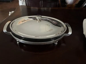 GORHAM by MAESTRI Silver Oval Covered Glass Serving Plate 13.5"x9" w/handles - Picture 1 of 12