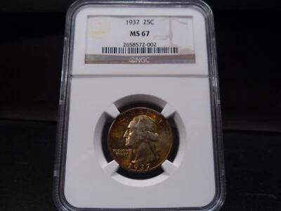 1937 MS67 Washington Silver Quarter NGC Certified Superb Gem - Toned/Gold - Image 1 of 4