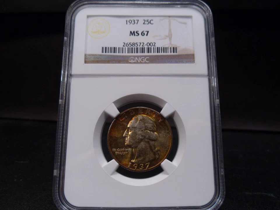 1937 MS67 Washington Silver Quarter NGC Certified Superb Gem - Toned/Gold - Image 1 of 4