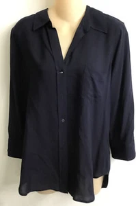 l'agence Navy Collar V-Neck Button-Down Shirt 3/4 Sleeve Round Hem New Size M - Picture 1 of 10