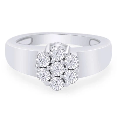 1/20 Ct Round Genuine Diamond Cluster Ring in 14K White Gold Plated Sterling - Image 1 of 4