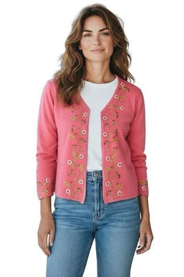 Cárdigan Oscar by Oscar de la Renta Floral Bordado Rosa Mezcla Lana 1X De Colección Foto 1 de 4