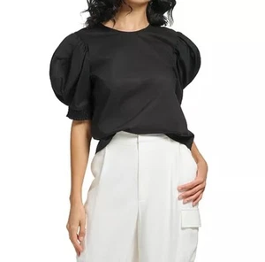 DKNY women's Puff Sleeve Voile Sheer Crew Neck Blouse Top Black L - Picture 1 of 5