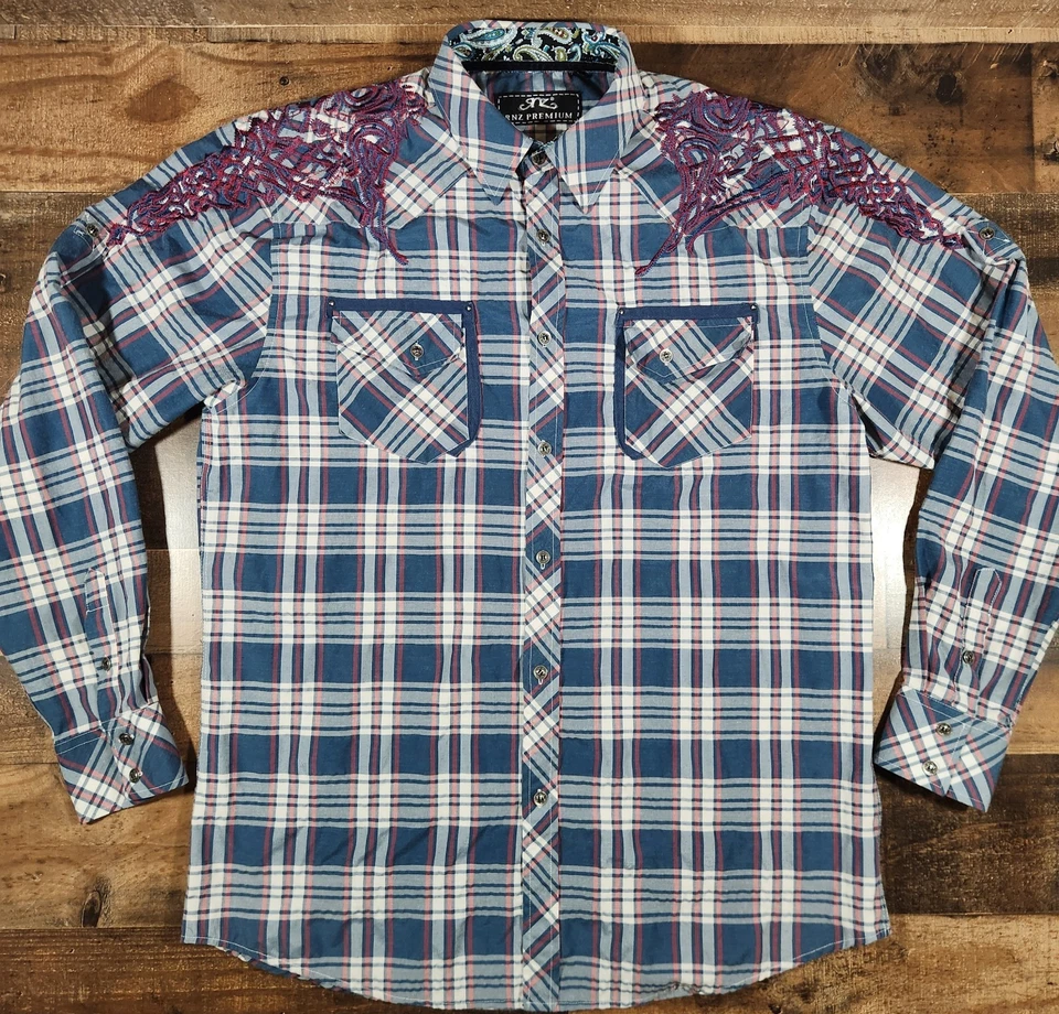Camisa RNZ Premium Western Para Hombres 2XL Azul Cuadros Y2K Bordada Cachemira Puño Abatible Foto 1 de 4
