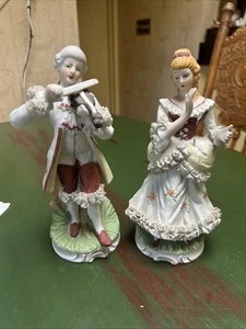 Vintage Porzellan Figuren Paar Musiker und Dame im Stil des 18. Jahrhunderts - Bild 1 von 12