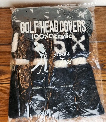 HERE'S FRED Vtg NOS Knit Golf Club Covers w/Pom Poms Black & White 4 pc. set X, 1, 3, 5 NWT