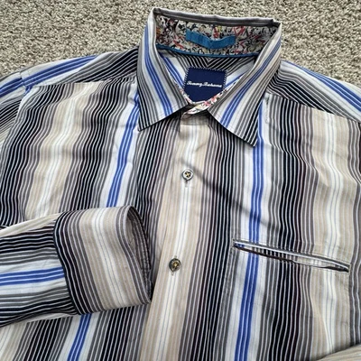 Tommy Bahama Long Sleeve Button Down Striped Shirt Men's Size Medium Brown/Blue - Image 1 of 4