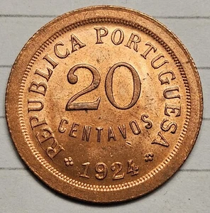 1924 Portugal 20 centavos KM 574 Uncirculated Unc Better Date Lusterous Red - Picture 1 of 4