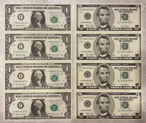2003 $5 & $1 Uncut Sheet of Four Federal Reserve Notes - US Bank Notes - Picture 1 of 2