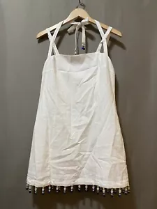NWT House of Harlow Women Strap Tie Beaded Linen Rayon Mini Dress SZ M Off White - Picture 1 of 14