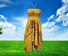 Women's Beach Halter Dress, Sundress, Yellow Bohemian Recycled Silk Dresses S/M