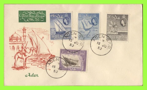 Aden 1953 QEII 35c, 50c, 70c, & 1/-  definitives on illustrated First Day Cover Cover