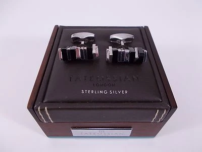 RT TATEOSSIAN LONDON gemelli da uomo cufflinks ARGENTO STERLING agata nera  - Immagine 1 di 4