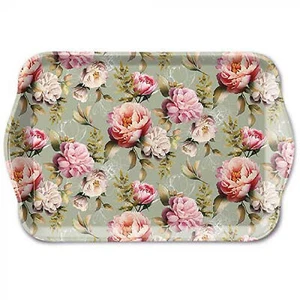 Deko Tablett Melamin 21x13cm mit Pfingstrosen Motiv- Serviertablett Grün Rosa - Bild 1 von 1