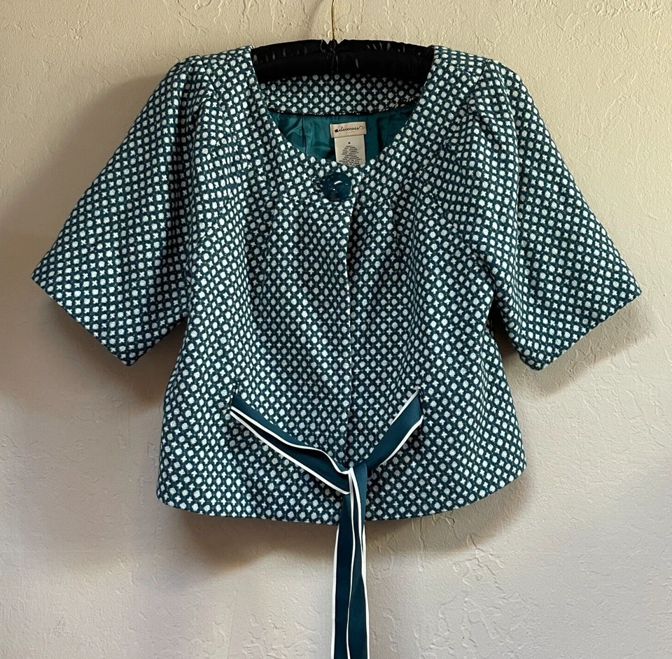 Anthropologie Elevenses Tea Cozy Teal Tweed Tie Front Crop Blazer Jacket Size 4 - Image 1 of 4