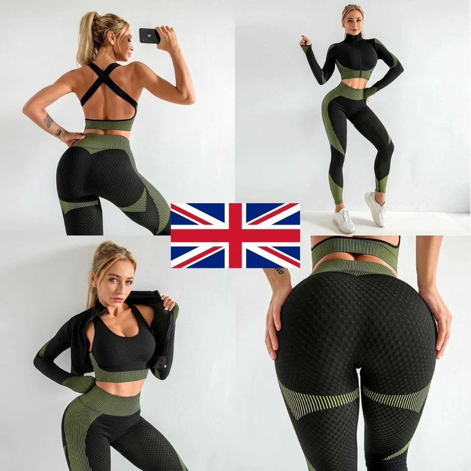 Women Seamless Sports Set Black Crop Top Leggings Bra Jacket Outfit Green UK - Image 1 of 1