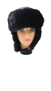 Faux Leather Trapper Hat Unisex Black Winter Aviator Lined Hat - Picture 1 of 9