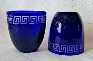 TWO RARE AJKA ROSENTHAL GREEK KEY BLUE OLD FASHIONED CRYSTAL WATER GLASSES - Picture 1 of 11